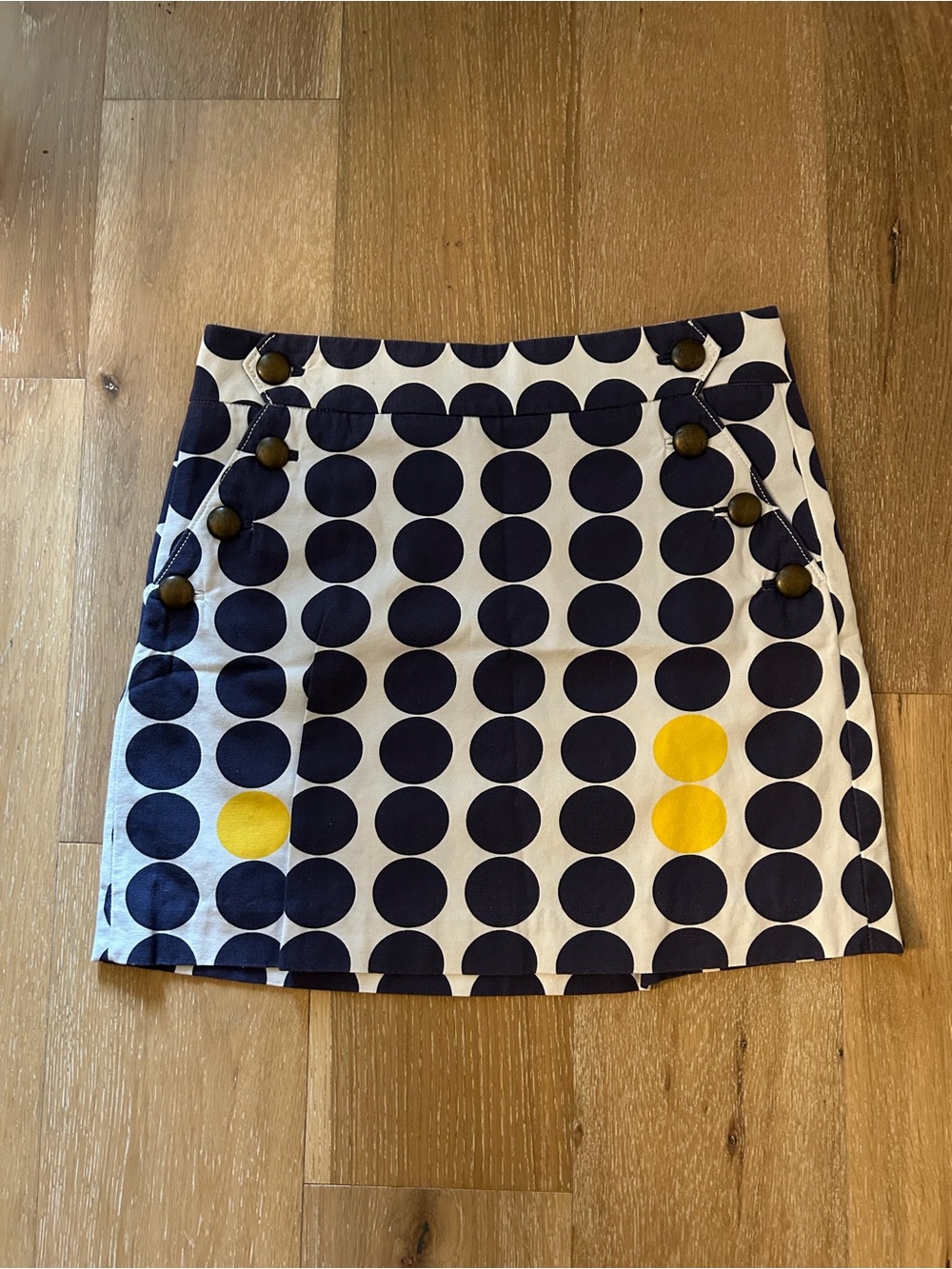 J. Crew Navy, White & Yellow Polka Dot Mini Skirt